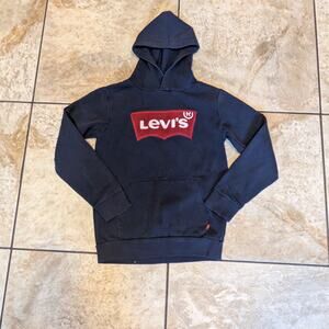 Levi's Boys Large Hoodie Sweatshirt Chenille Logo Kangaroo Sweater Navy Blue